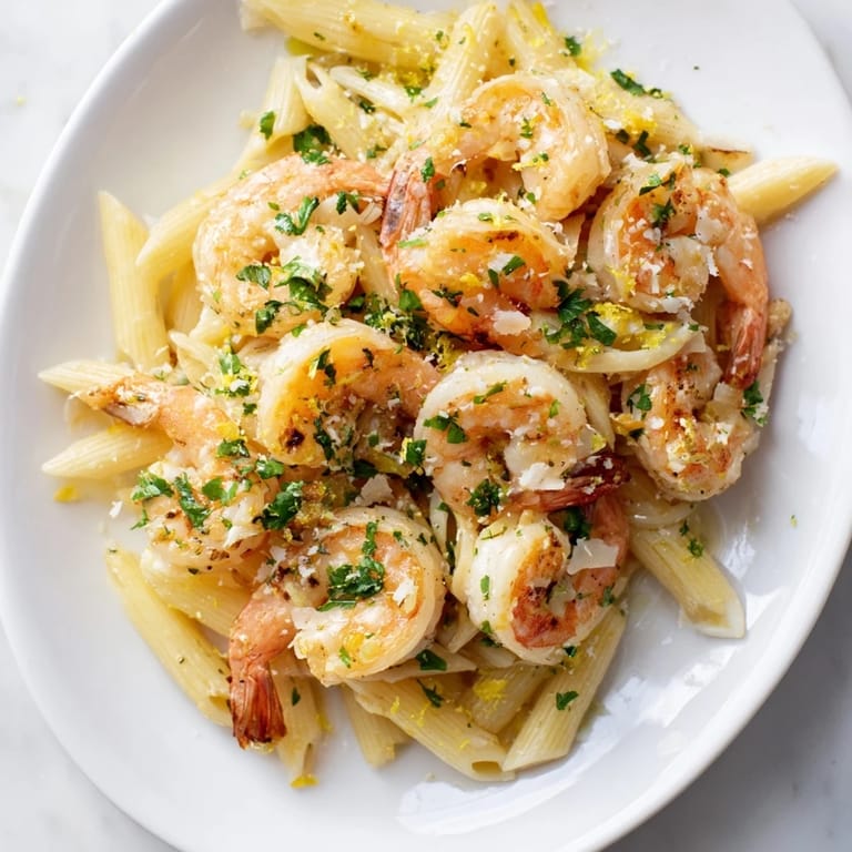 Vibrant image of garlic shrimp penne, a quick Italian-American dinner ready to serve hot.