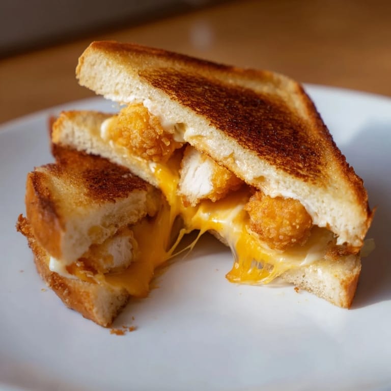 Crispy chicken nuggets and cheddar cheese create the perfect, gooey Chicken Nugget Grilled Cheese sandwich.
