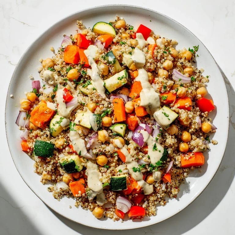 Enjoy a colorful quinoa power salad: a healthy, delicious mix of textures and flavors.