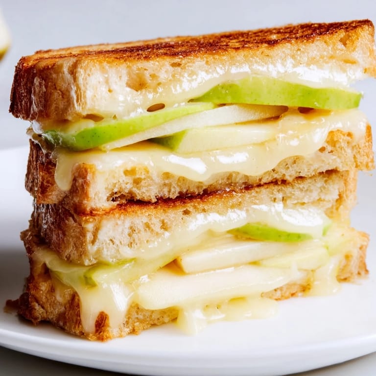 Savory Brie and apple grilled cheese sandwich, perfectly melted and ready to be sliced and served.