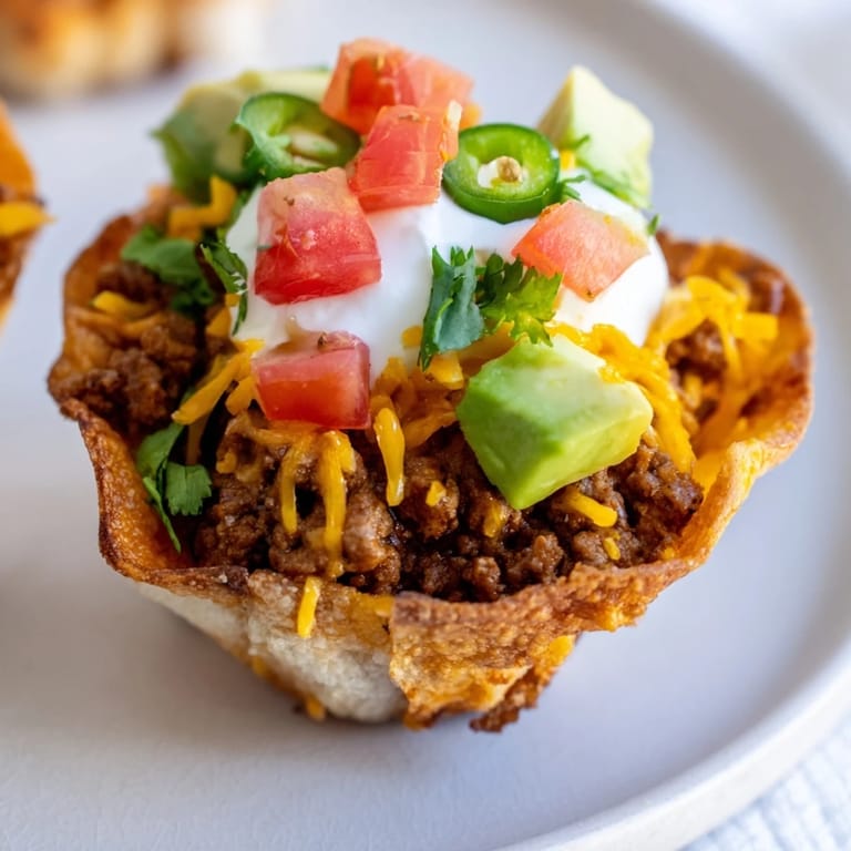 Golden, crispy mini taco cups filled with savory beef and bubbly, melted cheese.