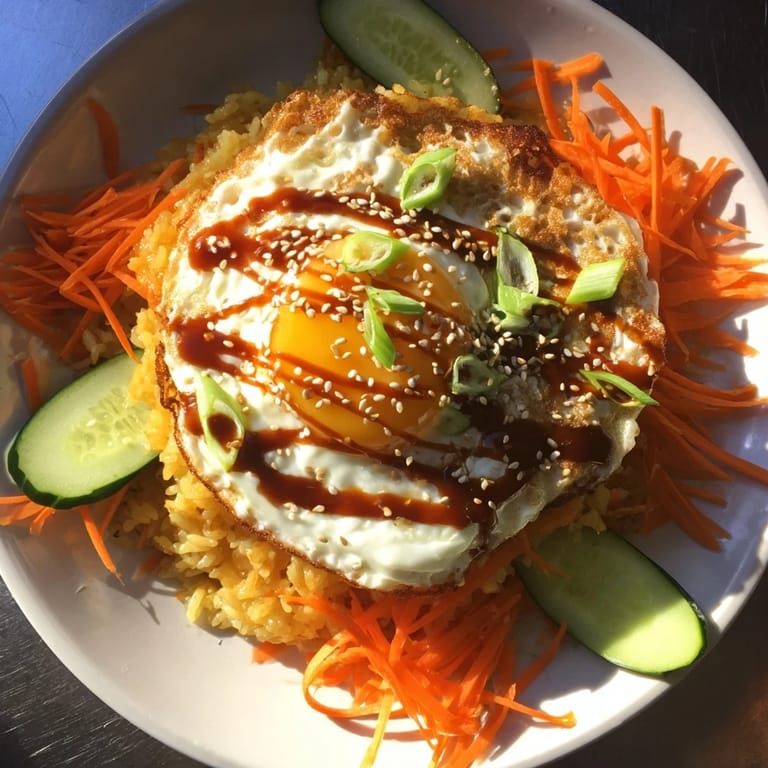 A close-up of a crispy egg rice bowl, showcasing golden rice, a fried egg, and fresh garnishes.