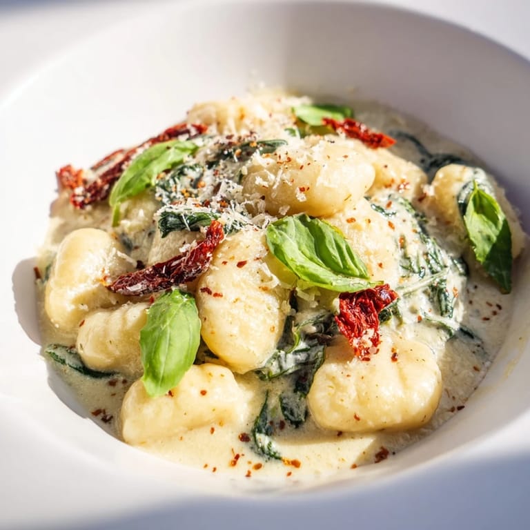 A close-up of creamy, flavorful Creamy Tuscan Gnocchi, ready for a comforting Italian dinner.