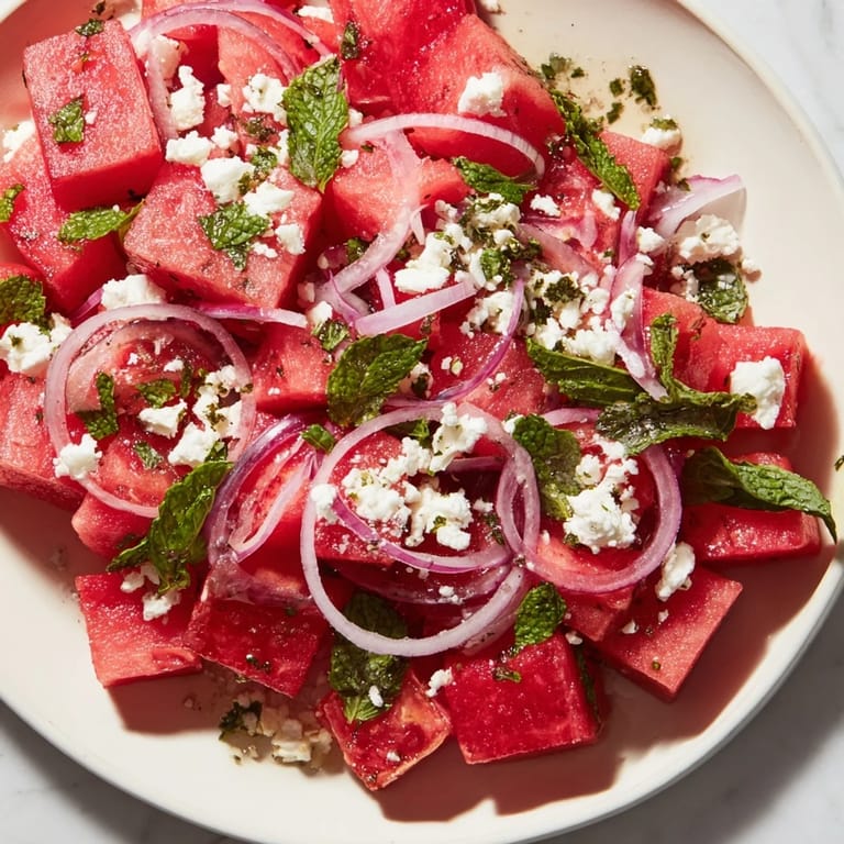 Bright, refreshing Watermelon Feta Salad: Sweet watermelon combined with tangy feta and lime dressing.