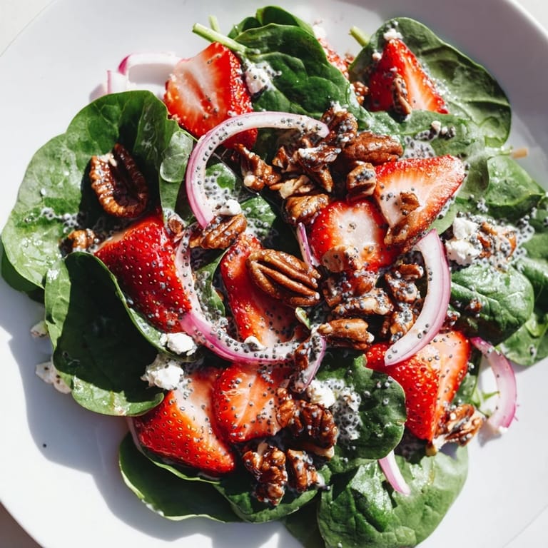 Vibrant bowl of strawberry spinach salad, drizzled with creamy poppy seed dressing, ready to eat.