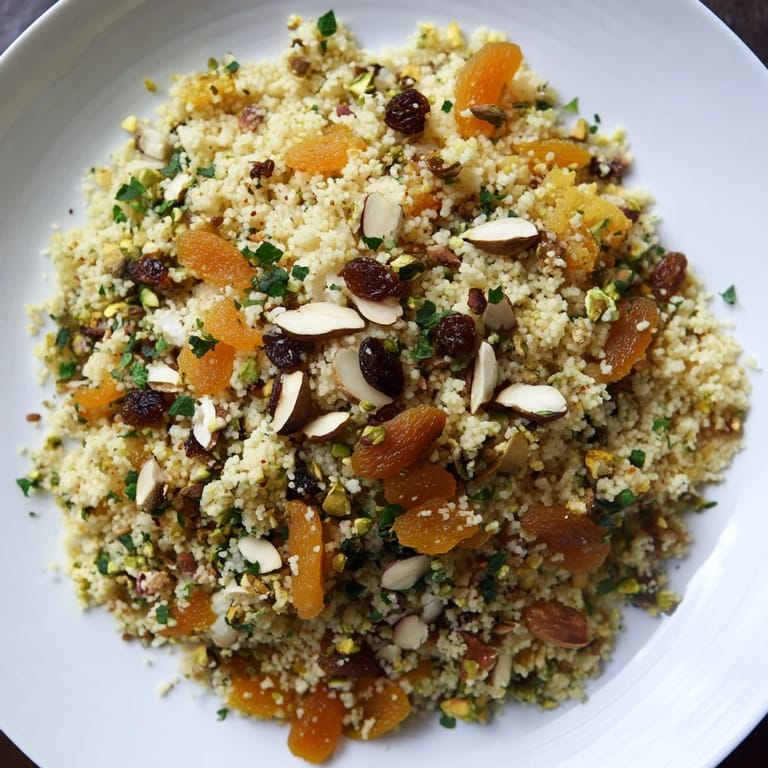 Aromatic, vegetarian-friendly couscous pilaf recipe brimming with dried fruit and fresh parsley.