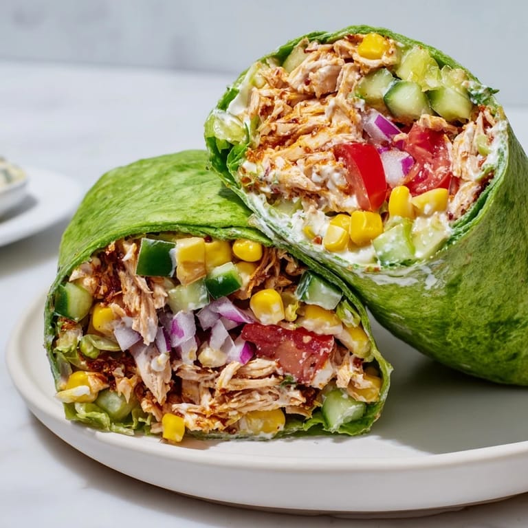 Close-up of a BBQ Chicken Salad Wrap sliced to show the creamy mayo-lime dressing, vibrant vegetables, and seasoned chicken wrapped in green spinach tortilla.