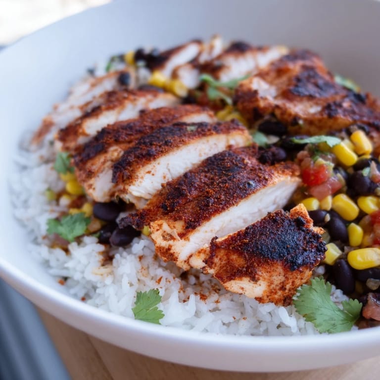 The hearty Spicy Chicken Burrito Bowl features tender chicken, black beans, sweet corn, and diced avocado nestled in seasoned rice.