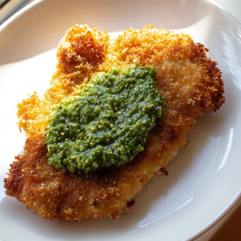 Sizzling, golden-brown pesto chicken cutlets fresh from the skillet, paired with lemon wedges for a zesty finish.  