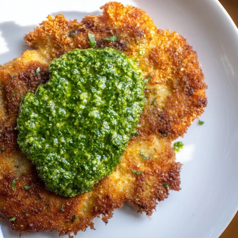 A beautifully plated serving of Italian crispy chicken cutlets drizzled with homemade basil pesto and garnished.