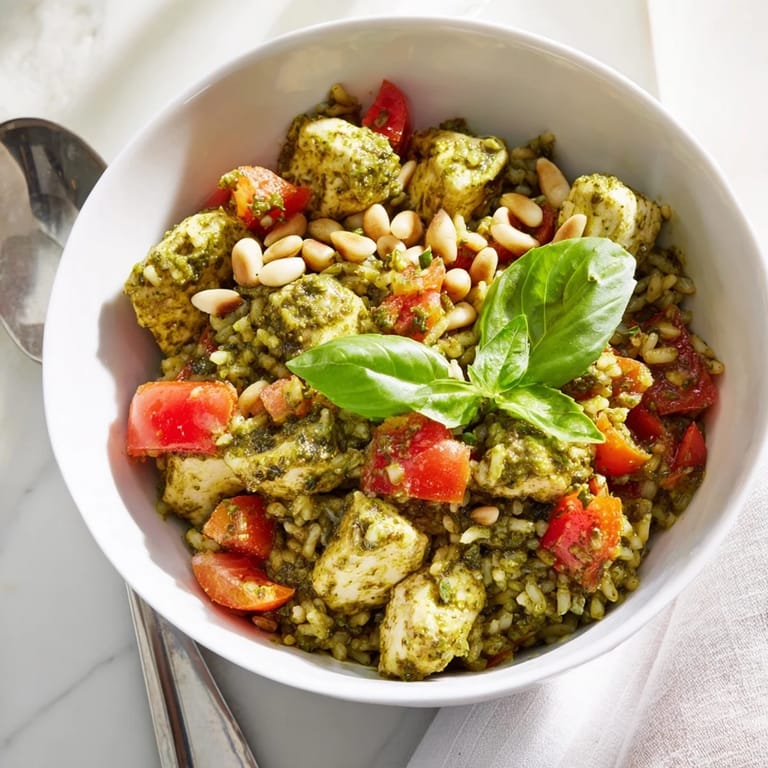 Savor this Chicken Pesto Rice Bowl with juicy tomato chunks and a sprinkle of Parmesan cheese.