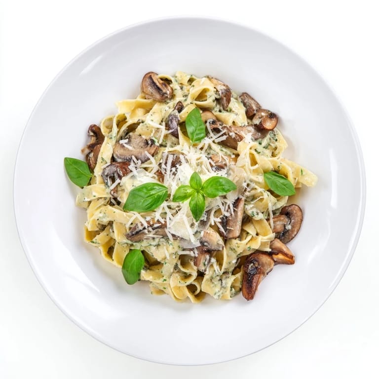 Close-up of golden sautéed mushrooms in a rich, creamy pesto sauce tossed with penne pasta.