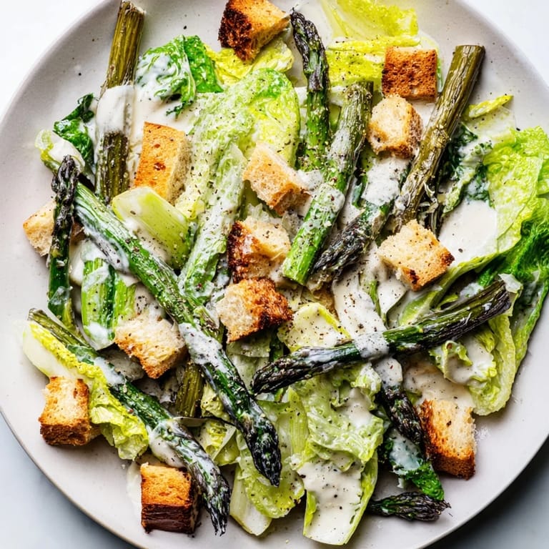 A close-up view of vibrant green asparagus on a bed of romaine, featuring crunchy croutons and a creamy yogurt-based dressing.