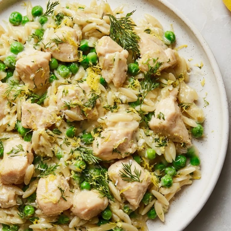 This one-pan Lemon Herb Chicken Orzo Skillet offers a comforting Mediterranean-inspired dinner garnished with fresh parsley and dill for a springtime, fresh flavor.