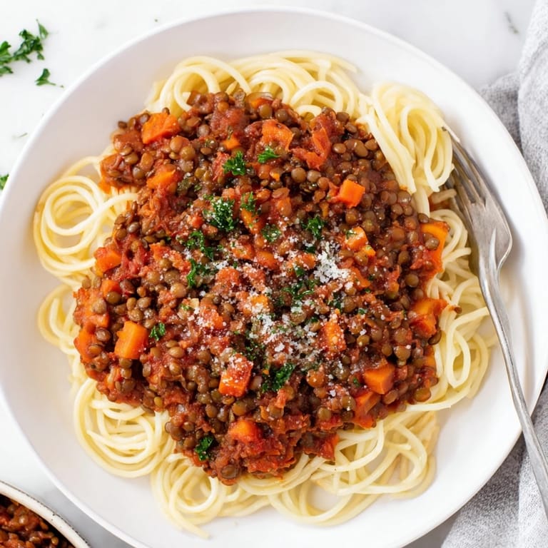 Rich, hearty Lentil Bolognese served in a rustic bowl, with a side of garlic bread for dipping.