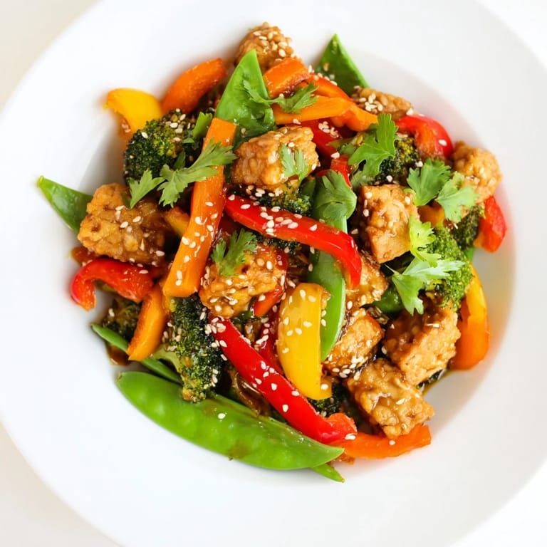 A close-up of a hearty vegetable tempeh stir-fry, with glistening tofu and a medley of snap peas and julienned carrots, garnished with fresh cilantro and sesame seeds.