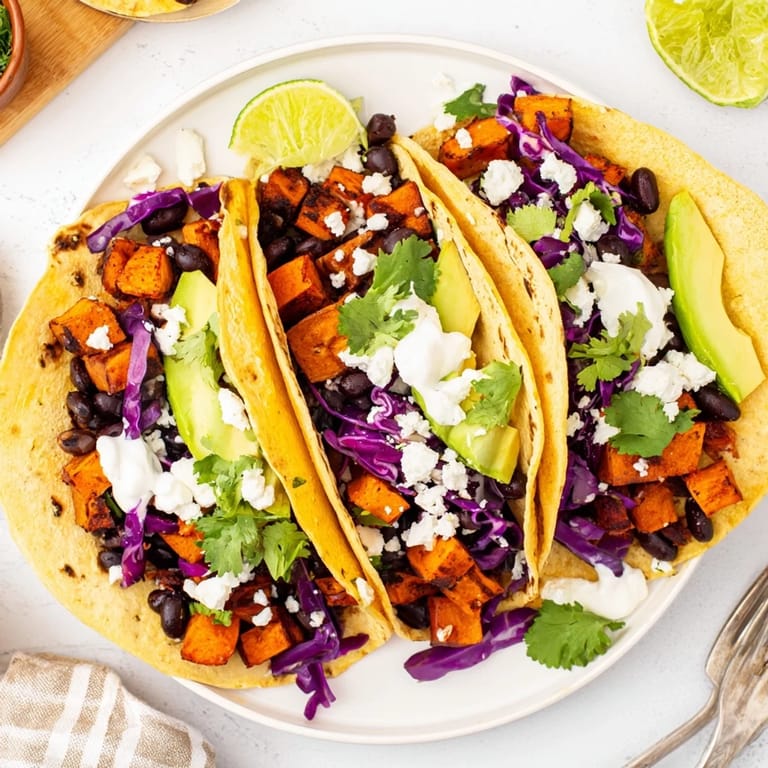 Spiced Black Bean and Sweet Potato Tacos, served warm with avocado slices and vegan sour cream, ready to eat.