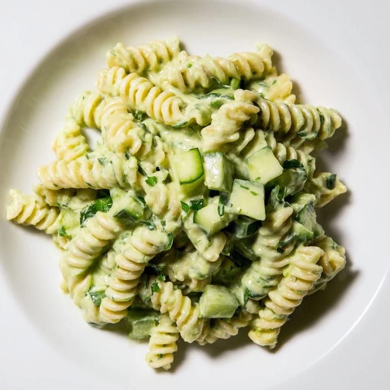 Healthy Green Goddess Pasta Salad with spinach and herbs, drizzled with creamy dressing and ready for a quick lunch.
