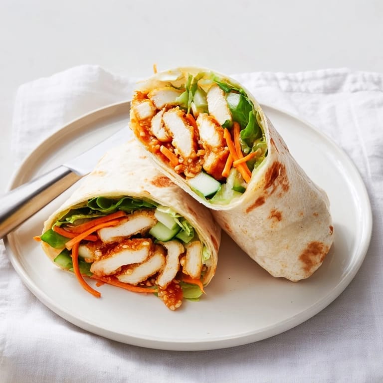 Sliced Honey Chili Crunch Chicken Wrap filled with crisp romaine, cucumber, shredded carrots, and scallions on a light background.
