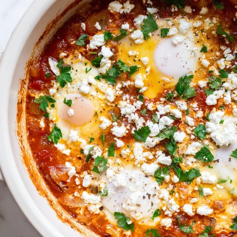 Shakshuka bubbling in a skillet, garnished with fresh cilantro and crumbled feta, ready to be scooped up with crusty bread.