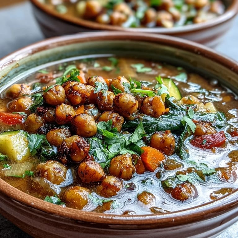 This aromatic Spiced Chickpea and Vegetable Soup features vibrant kale, tomatoes, and a dollop of vegan cream.