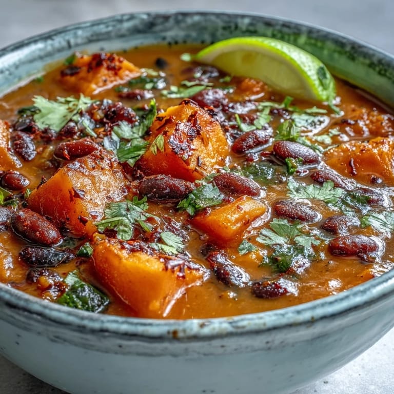 Hearty sweet potato and black bean soup served hot with lime wedges and crunchy tortilla chips on the side.