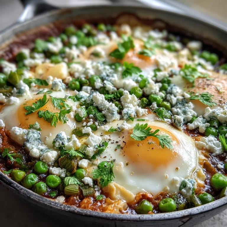 Ladle of warm Pea and Broad Bean Shakshuka showing tender asparagus, sweet peas, and broad beans in a lightly spiced tomato sauce, with crusty bread for dipping nearby.