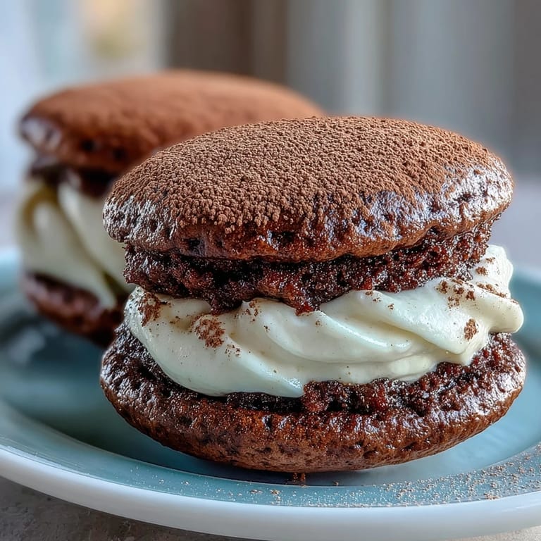 Stack of homemade Tiramisu Whoopie Pies dusted with cocoa powder, perfect for a coffee-themed dessert party.