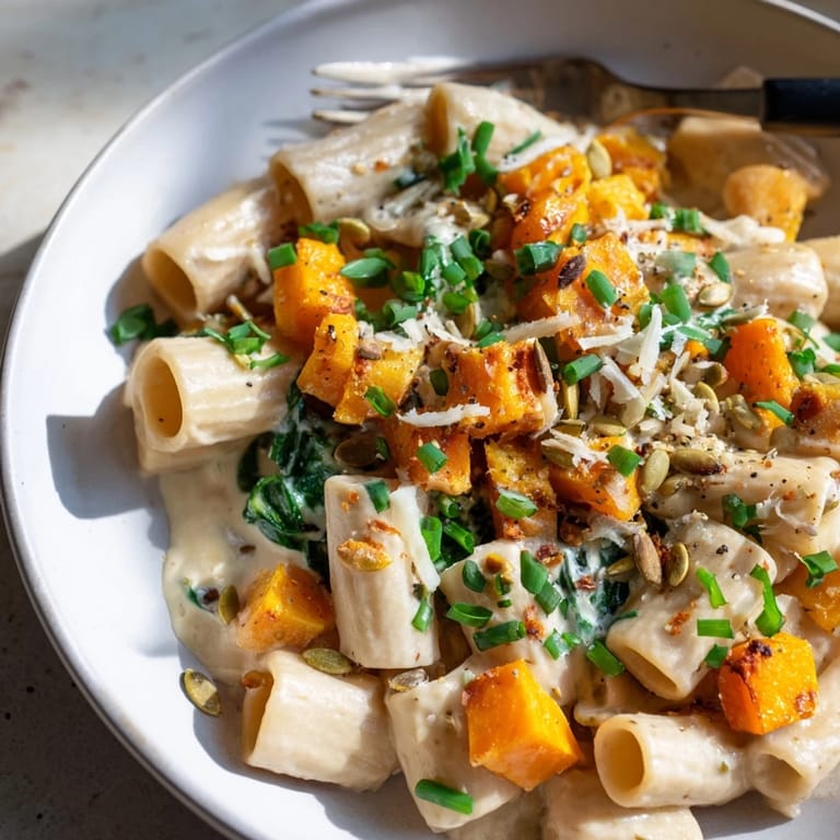 Delicious creamy miso fall pasta dish showcasing roasted squash and vibrant spinach.  