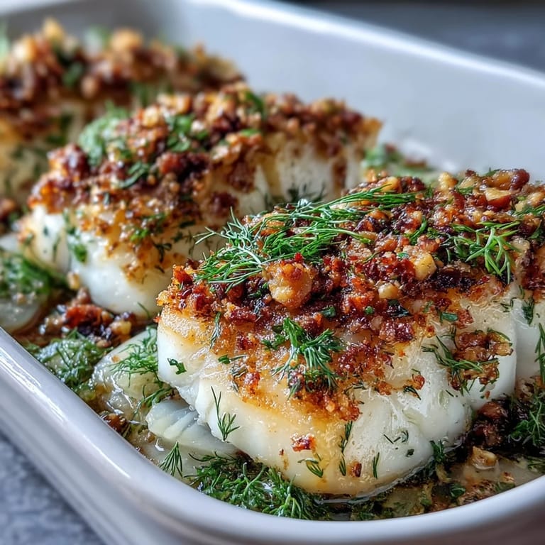 Flaky halibut with a rustic walnut and lemon breadcrumb crust, resting on a bed of caramelized fennel.
