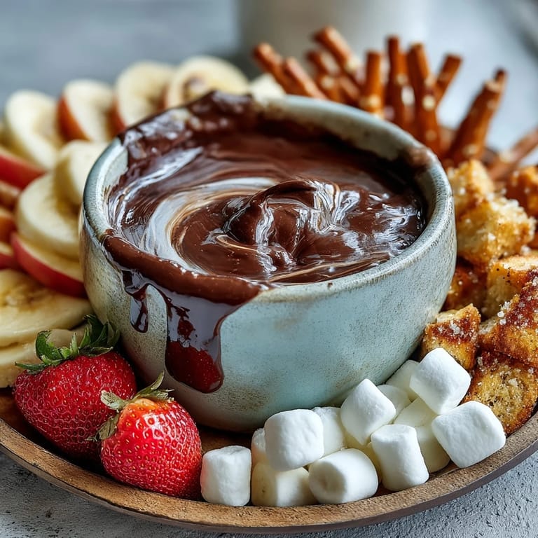 Warm, glossy boozy chocolate fondue poured into a pot with pound cake cubes and pretzels.