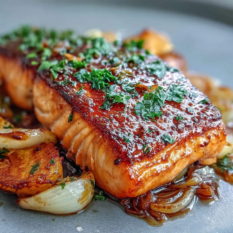 One-Pan Roast Salmon with Leeks, Onions, and Parsley Dressing served hot on a white plate with lemon slices.