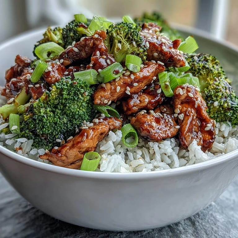 Overhead view of Sweet and Spicy Turkey Broccoli Bowls with saucy ground turkey, steamed broccoli, and brown rice, garnished with green onions and sesame seeds.
