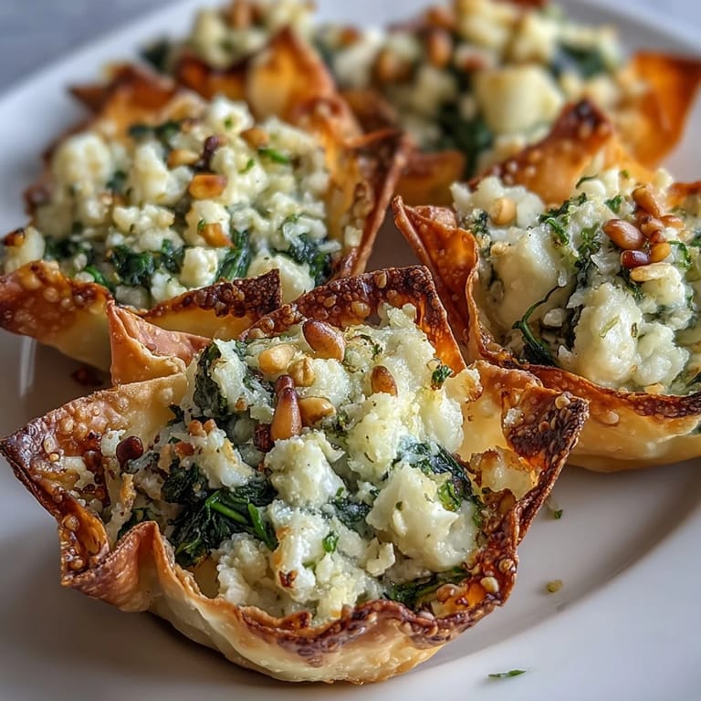 Feta-stuffed wonton crisps are garnished with sesame seeds and smoked paprika on a white platter.