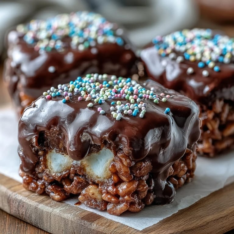 Chocolate Covered Rice Krispy Treats sit on a wooden cutting board, showcasing a crunchy cereal base under rich melted chocolate and colorful sprinkles.