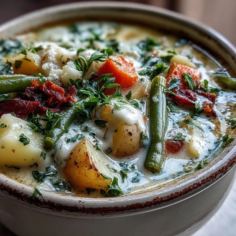 A comforting bowl of Amish Snow Day Soup garnished with fresh parsley, served alongside crusty artisan bread for dipping.