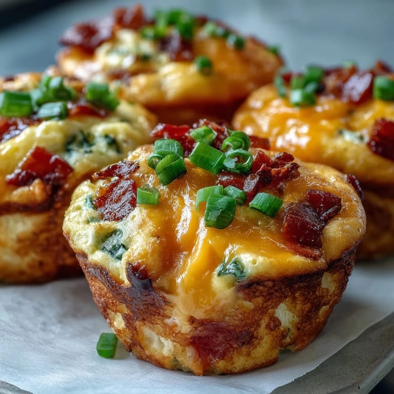 Savory Breakfast Egg Muffins featuring crumbled bacon and onions, served warm alongside a cup of coffee for a hearty breakfast.