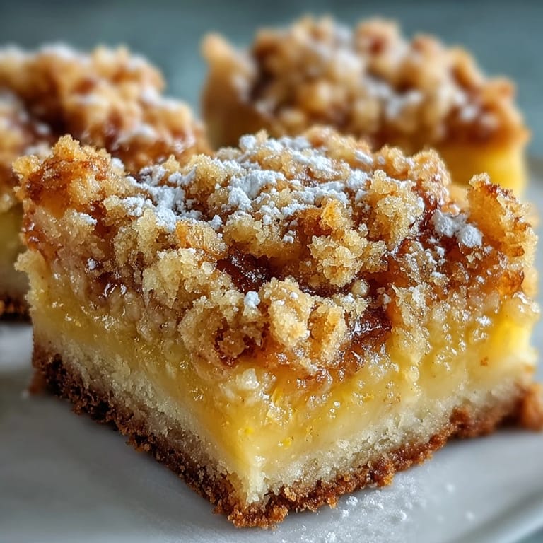 Slice of a Homemade Lemon Crumb Bar reveals tender citrus center and crunchy crumb topping, served on a white plate.