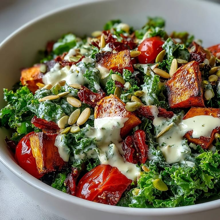Freshly tossed Kale Salad Bowl with bright kale, warm roasted veggies, sunflower seeds, and a rich tahini dressing, served on a rustic plate.