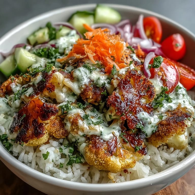 A vibrant Roasted Cauliflower Bowl with roasted florets, fresh spinach, tomatoes, cucumbers, and a drizzle of zesty tahini sauce.  