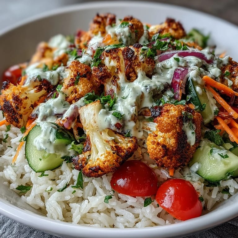 Golden roasted cauliflower crowns this Roasted Cauliflower Bowl, served over rice with bright vegetables and a rich tahini drizzle.