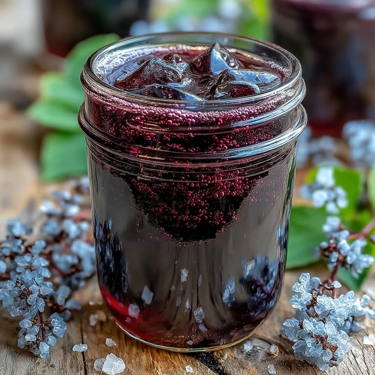 Close-up shot of the homemade Black Currant Shrub syrup in a glass bottle, showcasing its deep crimson color and thick consistency next to fresh berries.