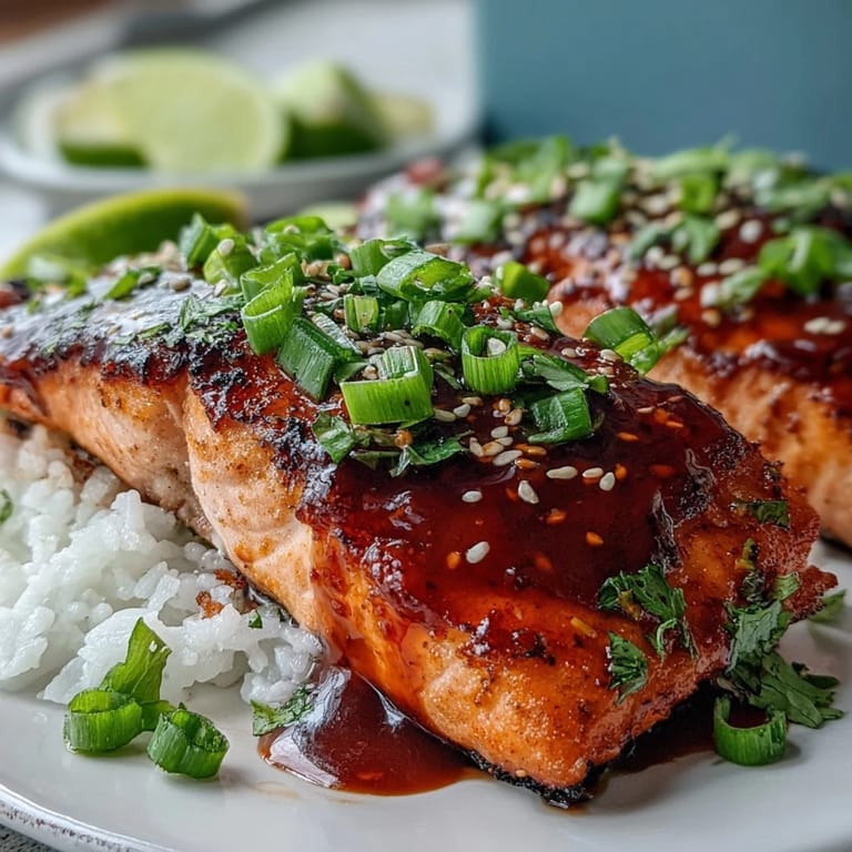 Seared Bang Bang Salmon fillets drizzled with zesty sauce, chopped green onions, and fresh lime wedges on a plate.