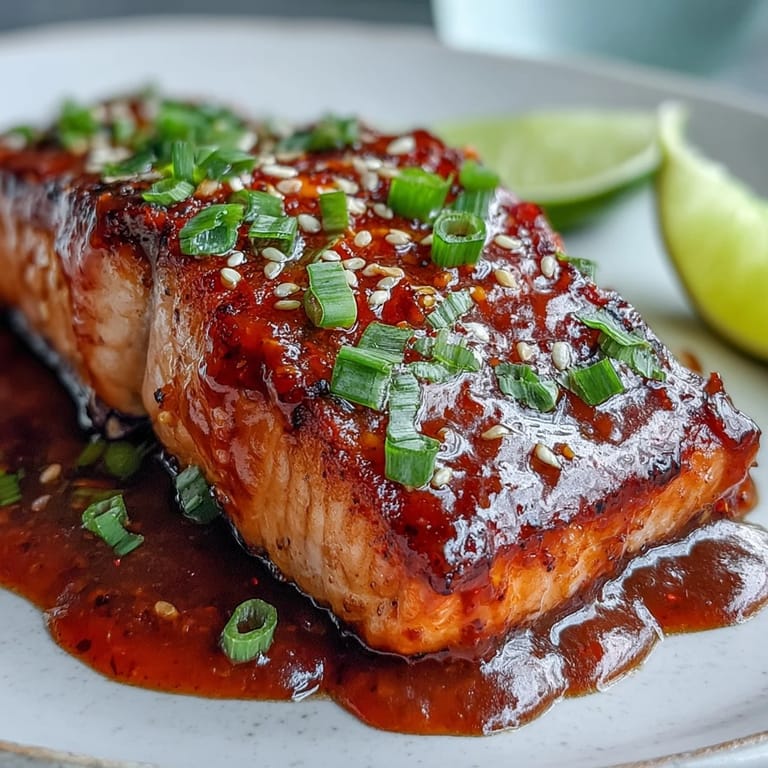 Pan-seared Bang Bang Salmon with a glossy red sauce, served alongside fluffy white rice for a complete weeknight meal.