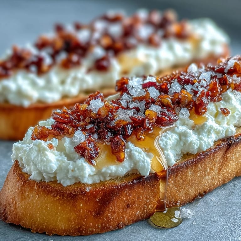 A close-up of Hot Honey Ricotta Bruschetta garnished with chili crunch, flaky sea salt, and fresh basil leaves.