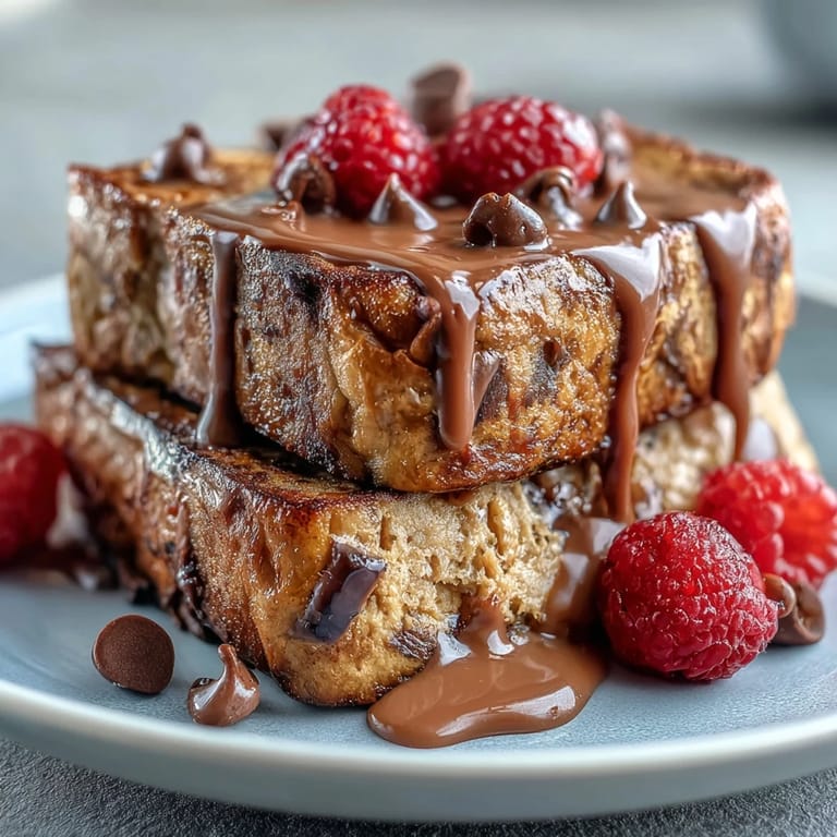 A close-up of High-Protein Peanut Butter & Chocolate Baked French Toast, drizzled with warm peanut butter and topped with fresh berries.