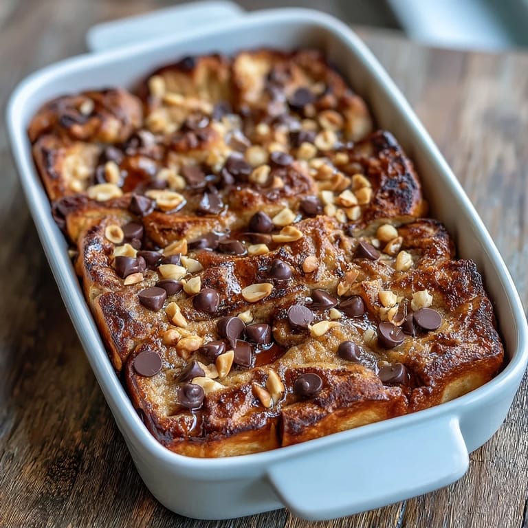 Golden, puffed High-Protein Peanut Butter & Chocolate Baked French Toast fresh from the oven, ready to serve for a decadent brunch.