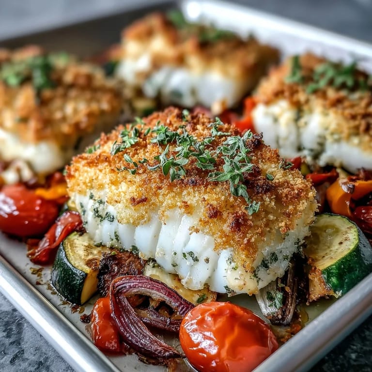 Crumbly Asiago-parmesan-panko coated cod filets flake easily beside cherry tomatoes and red onion wedges.