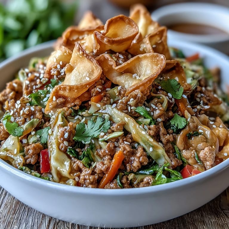 Savory Ranch Turkey & Veggie Egg Roll Bowls with stir-fried red bell peppers and fresh ginger, served steaming hot with crunchy wonton strips and chopped cilantro garnish.