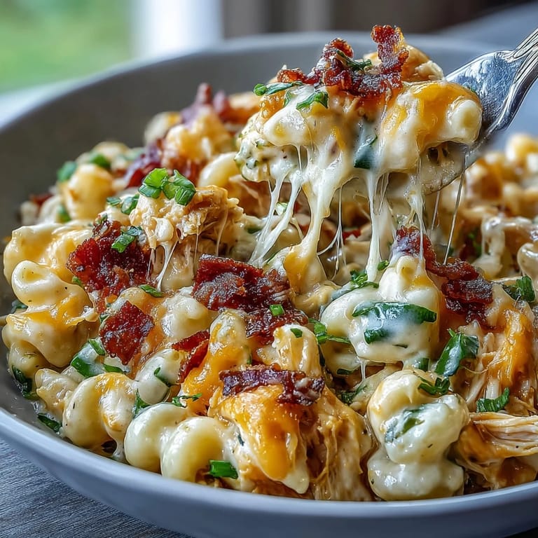 Spoonful of Creamy Jalapeño Popper Chicken Pasta lifted from skillet, steam rising and creamy sauce dripping.